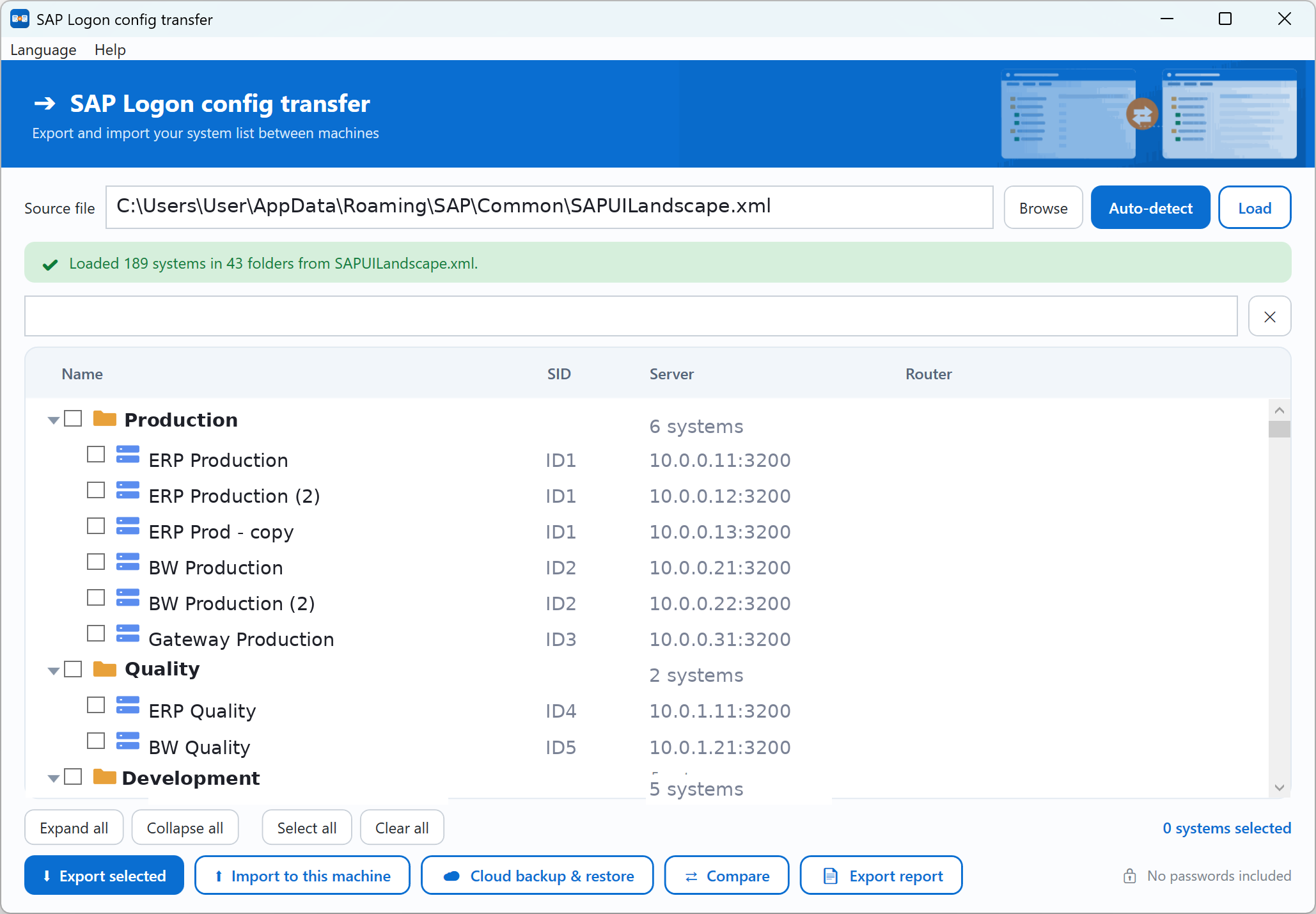 SAP Logon Transfer app moving SAP GUI system list between machines, showing folders, SID and server columns
