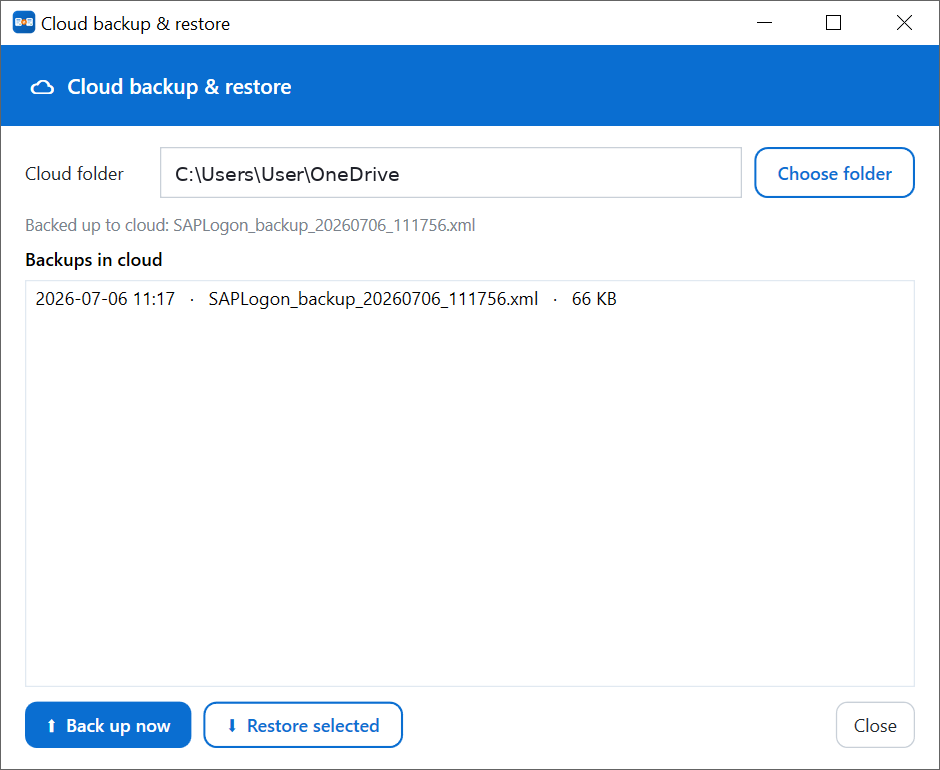 Cloud backup and restore window showing a cloud folder and a list of timestamped backups