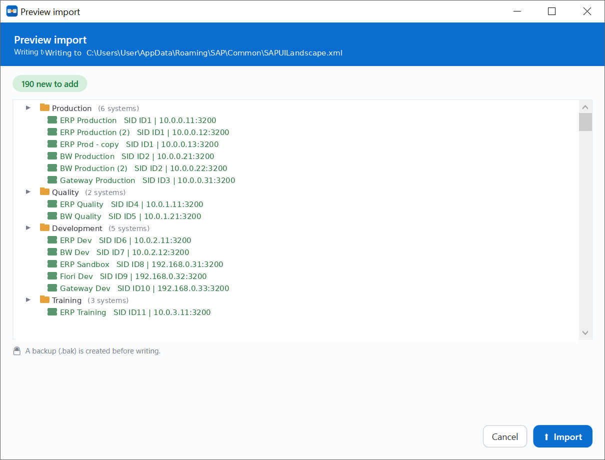 Import preview showing which systems are new before writing, grouped in folders